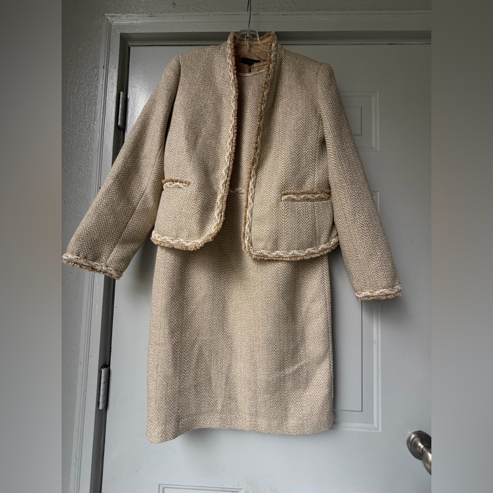Ann Taylor Champagne Metallic Tweed Sheath Cutaway Blazer and Dress set size 8